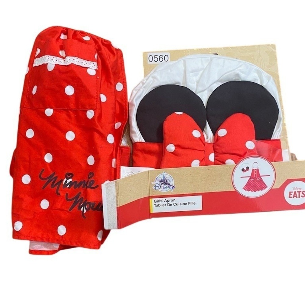 Disney Eats Minnie Mouse Girls Apron & Chef Hat Set Red White Polka Dots